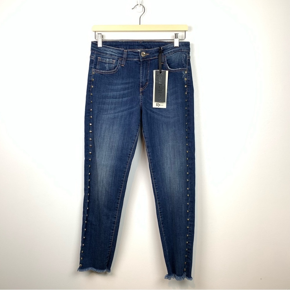 NWT Rinascimento Jeans Denim Blue Studs Raw Hem Sz Large Slim Glam Rockstar